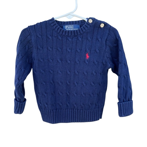 Polo Ralph Lauren Y2K Cable Knit Sweater Blue Red Button Shoulder Cotton 24 Mos - Picture 1 of 8